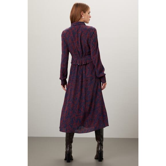 Jason Wu Navy Red Floral Print Tie Neck Long Sleeve Midi Shirt Dress Size 8 - Picture 3 of 16